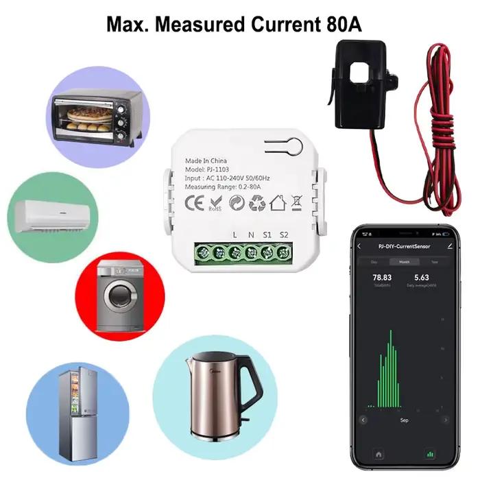 Compteur d'énergie numérique WiFi intelligent 80A avec capteur à pince CT application de surveillance en temps réel de la consommation d'énergie compatible avec Tuya Smart Life pour maison efficace économie et sécurité électrique