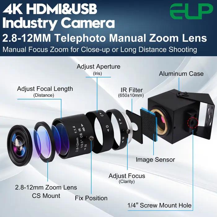 Caméra USB ELP 4K HDMI avec capteur IMX415 pour conférences vidéo et surveillance de sécurité occasions professionnelles et particuliers