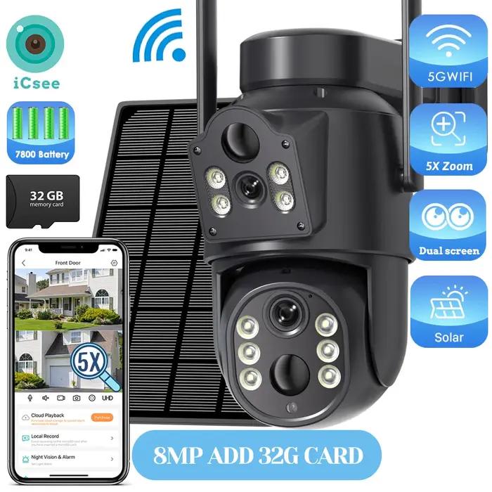 Caméra WiFi solaire 8MP avec batterie 7800 mAh double objectif 5X Zoom numérique extérieur