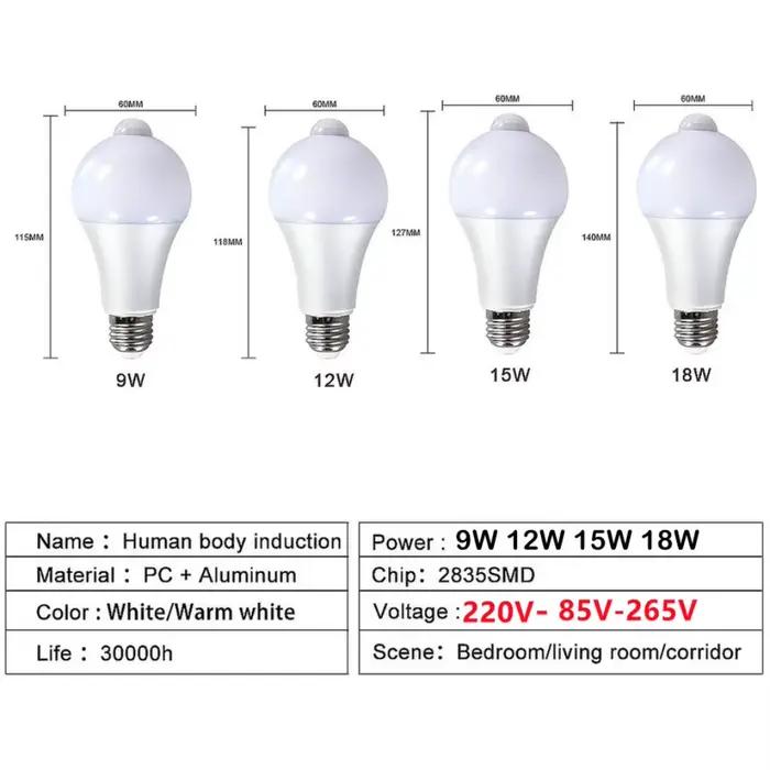 9/12/15/18/20W E27 LED capteur de mouvement ampoule lampe à LED PIR capteur lumière automatique marc