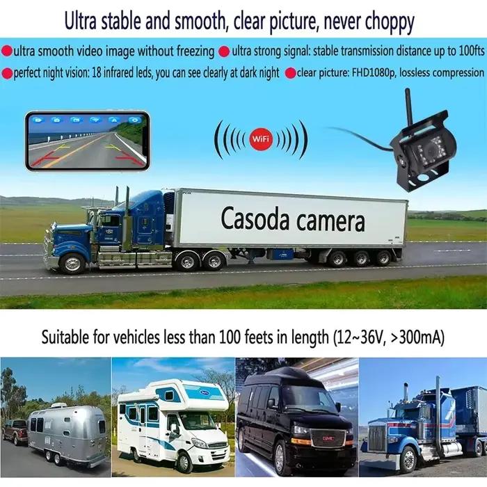 Caméra de recul sans fil WIFI pour camions et bus 12V-24V vision nocturne HD compatible iPhone IOS Android portée 100M carrosserie ABS indice de protection IP67