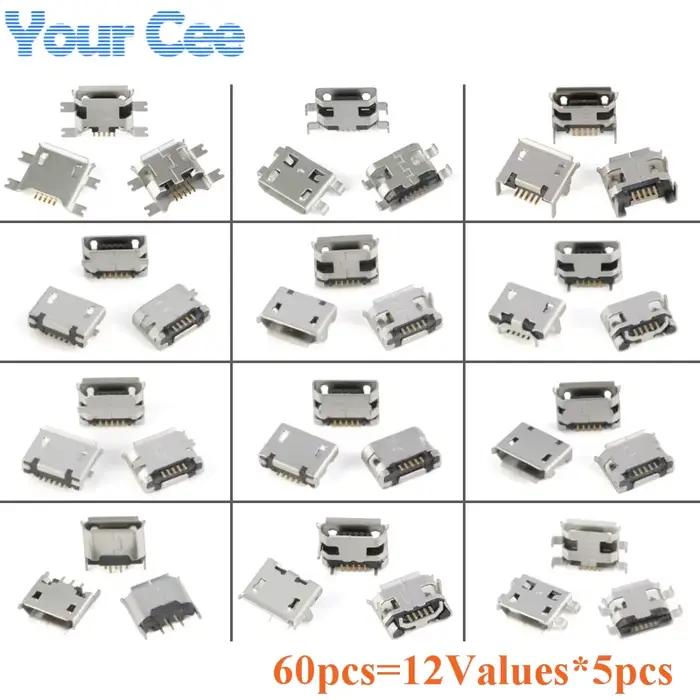 Connecteur de prise SMD DIP, 5 broches SMT, micro USB Type B, placement femelle, 12 modèles, lot de