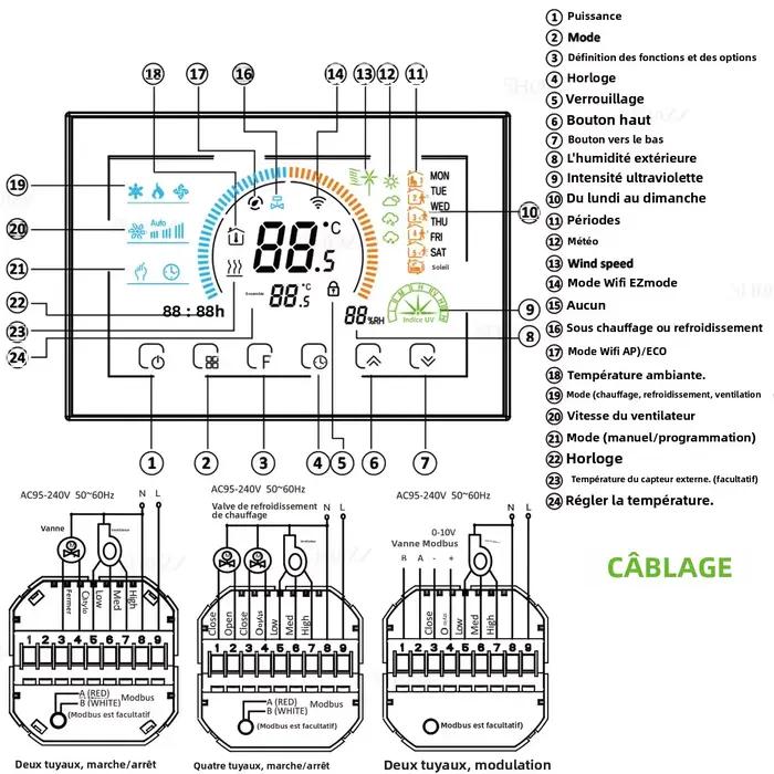 Thermostat Programmable 24V/220V WIFI RS485 Modbus RTU pour vanne 2/4 voies chaleur fraîche climatisation contrôle du système CVC