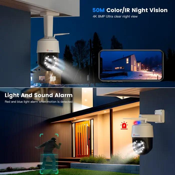 Ctronics Real 4K 8MP 5GHz WiFi Caméra de surveillance extérieure 360° 16X 5X Zoom optique