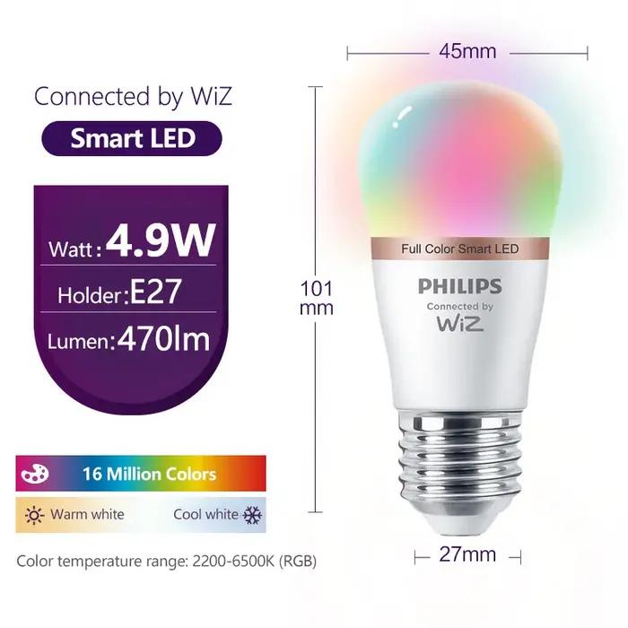 Ampoule intelligente LED Philips WiZ E27 4.9W 16 millions de couleurs givrée lampe à intensité variable pour chambre bureau ambiances lumineuses personnalisées