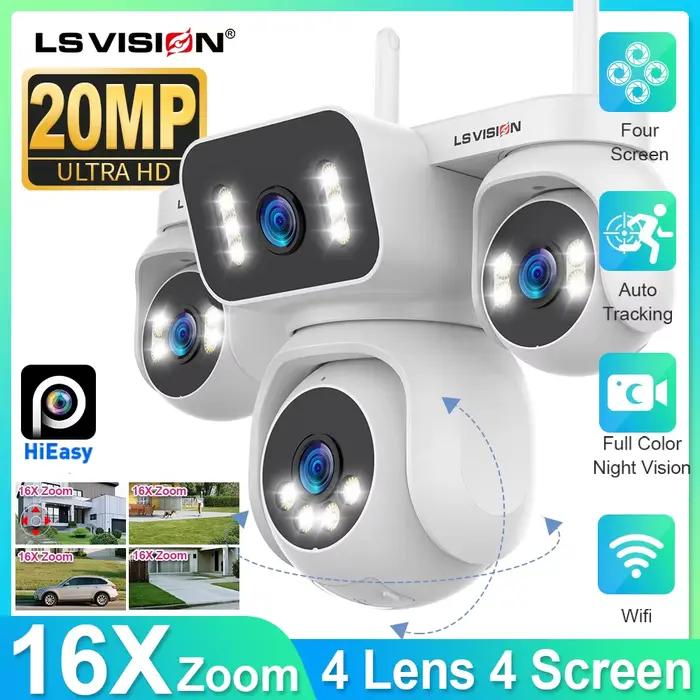 LS VISION Caméra de sécurité intelligente extérieure WiFi à 4 objectifs et 4 écrans avec panoramique/inclinaison 20MP