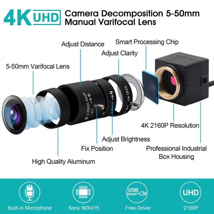 ELP 4K 30fps caméra USB Zoom optique Webcam avec objectif CS Varifocal manuel IMX415 UHD