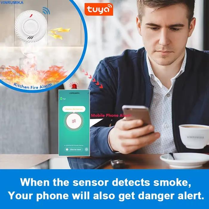 Détecteur de fumée ARIZA avec batterie intégrée de 10 ans, Wi-Fi, sonore pour salon, chambre d'enfant, cuisine et magasin
