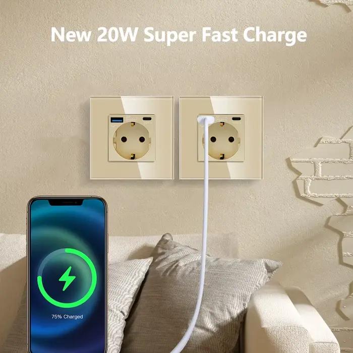 Prise murale simple avec ports USB de type C 20W en verre double prises électriques triples prises de courant et interrupteur tactile 16A or pour usage résidentiel et général occassions spéciales