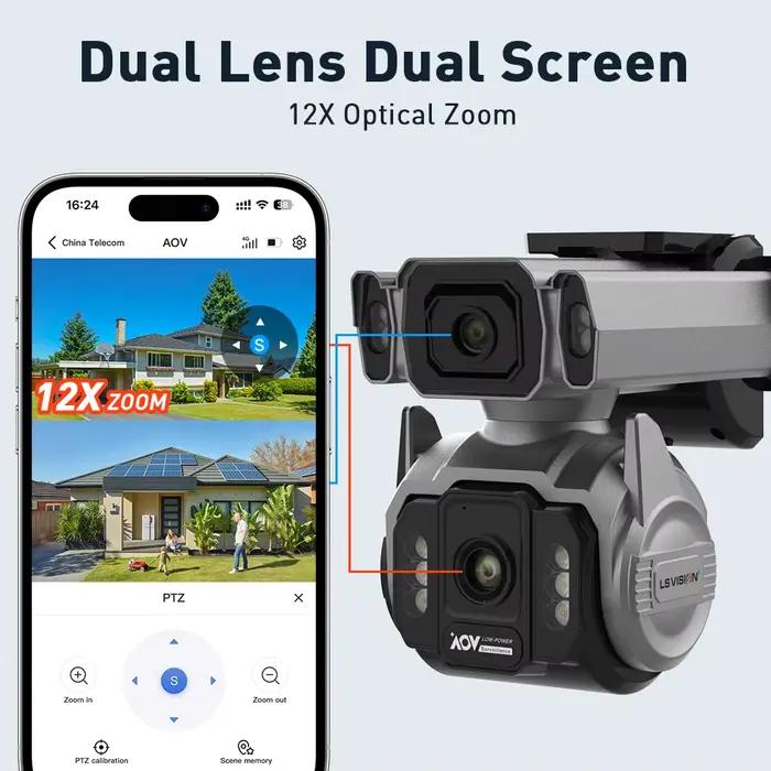 Caméras de surveillance solaires LS VISION 10MP à 2 écrans AOV 4G avec zoom optique 12X