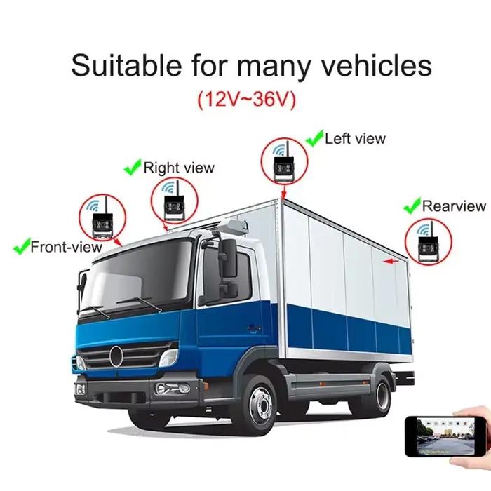 Caméra de recul sans fil WIFI pour camions et bus 12V-24V vision nocturne HD compatible iPhone IOS Android portée 100M carrosserie ABS indice de protection IP67