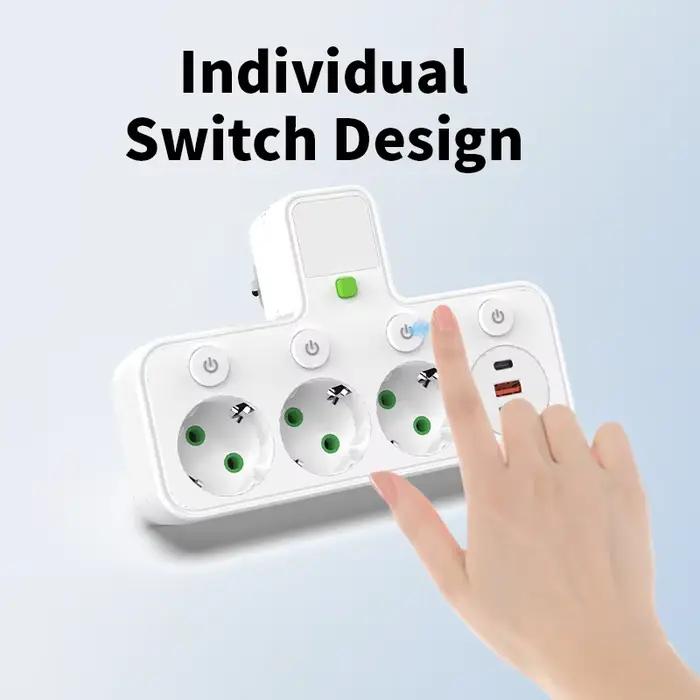 Multiprise murale avec prise EU, 3 prises AC, 2 USB et 1 Type-C