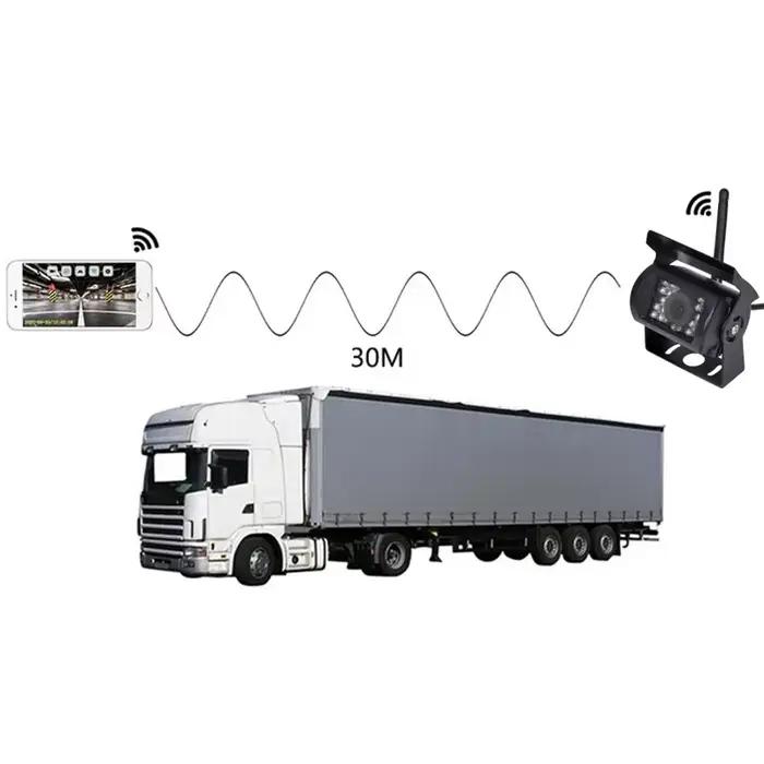 Caméra de recul sans fil WIFI pour camions et bus 12V-24V vision nocturne HD compatible iPhone IOS Android portée 100M carrosserie ABS indice de protection IP67