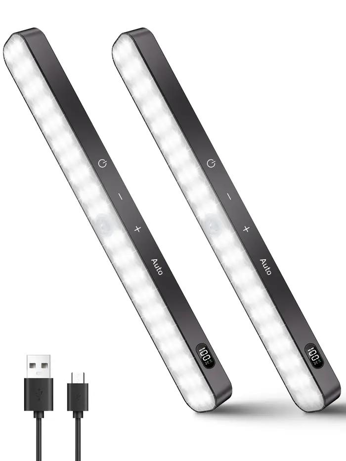 Lumière d'armoire WILLED avec capteur de mouvement, batterie rechargeable, affichage numérique et 60 LED pour une ambiance douce et pratique en chambre, salle de bain ou sous meuble de rangement