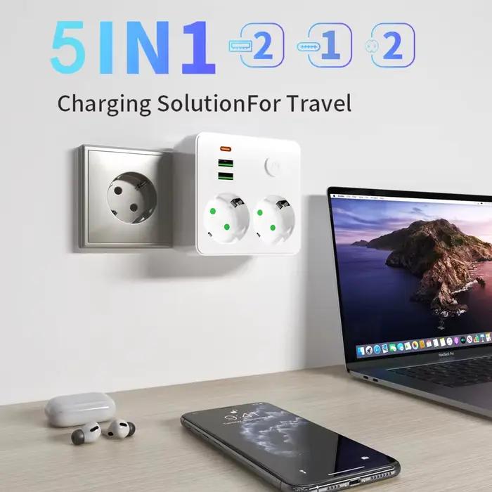Multiprise murale EU avec 2 ports USB et 1 port Type-C, 2500W