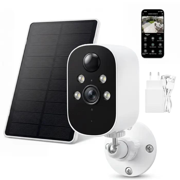 Caméra de sécurité sans fil alimentée par batterie solaire 2K avec vision nocturne couleur et infrarouge pour surveillance extérieure résistante aux intempéries