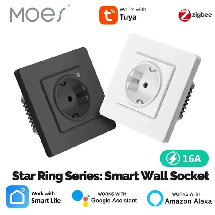 Prise intelligente MOES Tuya ZigBee connectée Wi-Fi pour contrôle vocal Alexa Google Home gestion énergie et programmation horaire en blanc ou noir