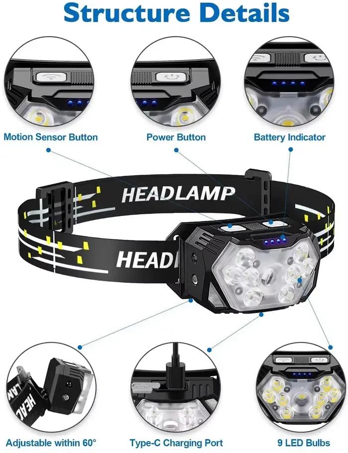 9 LED lampe frontale forte USB rechargeable capteur de mouvement phare Portable pêche Camping lampe