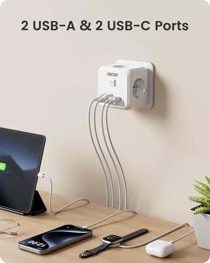 Extension de Prise Murale 7 en 1 LENCENT avec 3 Prises Secteur 2 Ports USB et 2 Ports USB-C pour Maison Bureau et Voyages Occasions Spéciales