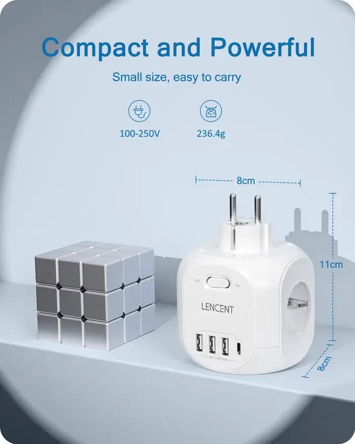 Multiprise LENCENT avec 4 Ports USB et Prise Secteur pour Charge Simultanée Appareils Électroniques Usage Général Occasions Spéciales