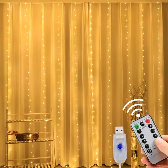 Rideau LED Guirlandes 3x1m lumière chaude télécommande chambre vacances mariage noël décoration fée guirlande lampe