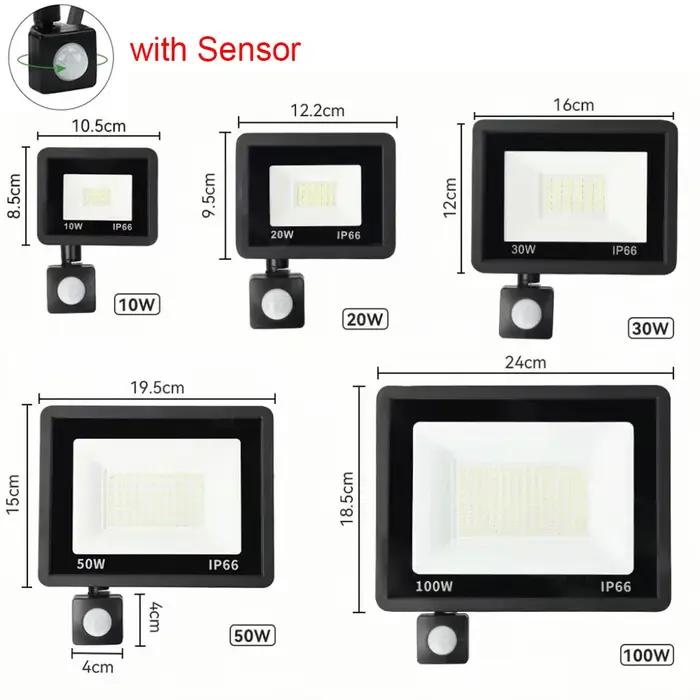 Éclairage LED PIR capteur de mouvement projecteur LED extérieur 10W 20W 30W 50W 100W IP66 étanche