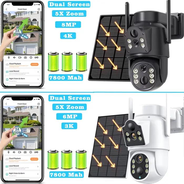 Caméra WiFi solaire 8MP avec batterie 7800 mAh double objectif 5X Zoom numérique extérieur