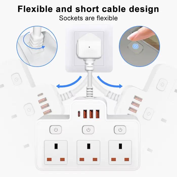 Adaptateur de filtre réseau multirobinet avec ports USB haute puissance 2500W prise britannique blanc noir pour usage résidentiel et bureau