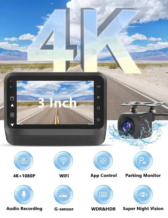 Kocam 4K UHD Dash Cam WiFi voiture DVR avant et arrière double objectif Auto caméra
