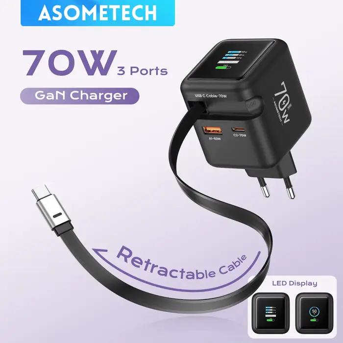 Chargeur GaN rapide 70W avec câble rétractable pour iPhone 16 15 14 Xiaomi tablette et ordinateur portable occasions quotidiennes spéciales