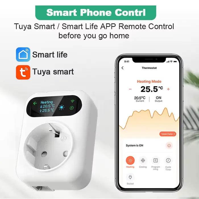 Prise intelligente Tuya Wi-Fi thermostat pour radiateurs portables, radiateurs infrarouge, radiateurs à bain d'huile, foyers électriques, climatiseurs de fenêtre, refroidisseurs évaporatifs, aquariums, caves à vin, serres et autres appareils électroménagers