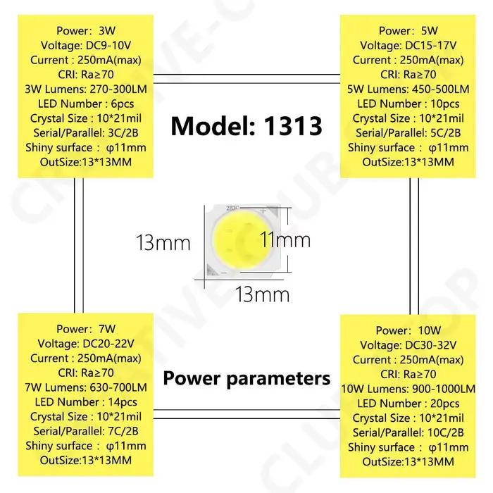20 pièces LED COB ampoule 250mA 1313 3W 5W 7W 10W blanc chaud blanc froid LED Source puce lampe proj