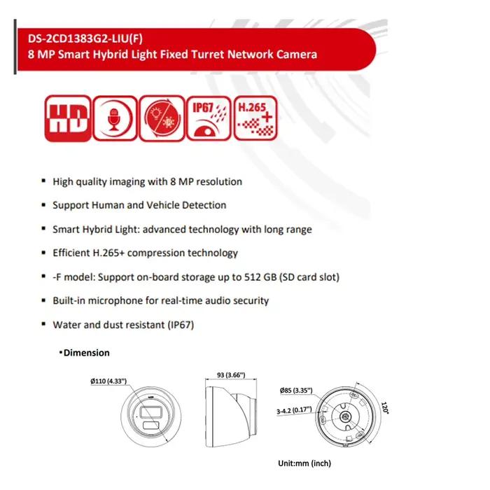 Hikvision 8MP caméra IP DS-2CD1383G2-LIUF 4K lumière hybride intelligente IR