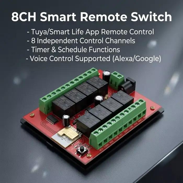 Module de relais Wi-Fi 8 canaux pour domotique, contrôle 12V/24V DC, compatible IoT, minuterie, Tuya Smart, Alexa, Google Assistant pour smart home et sécurité