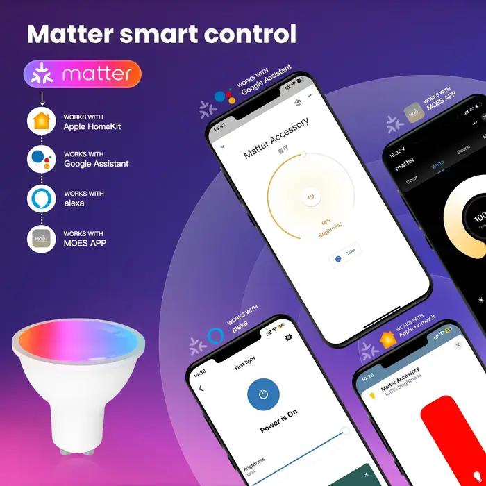 Ampoule intelligente LED MOES Tuya Matter WiFi GU10 à intensité variable 16 millions de couleurs RVB pour commandes vocales Alexa Google Home Blanc Chaud Blanc Bleu Bleu Marine Bourgogne Gris Clair Jaune Rouge Violet Vert