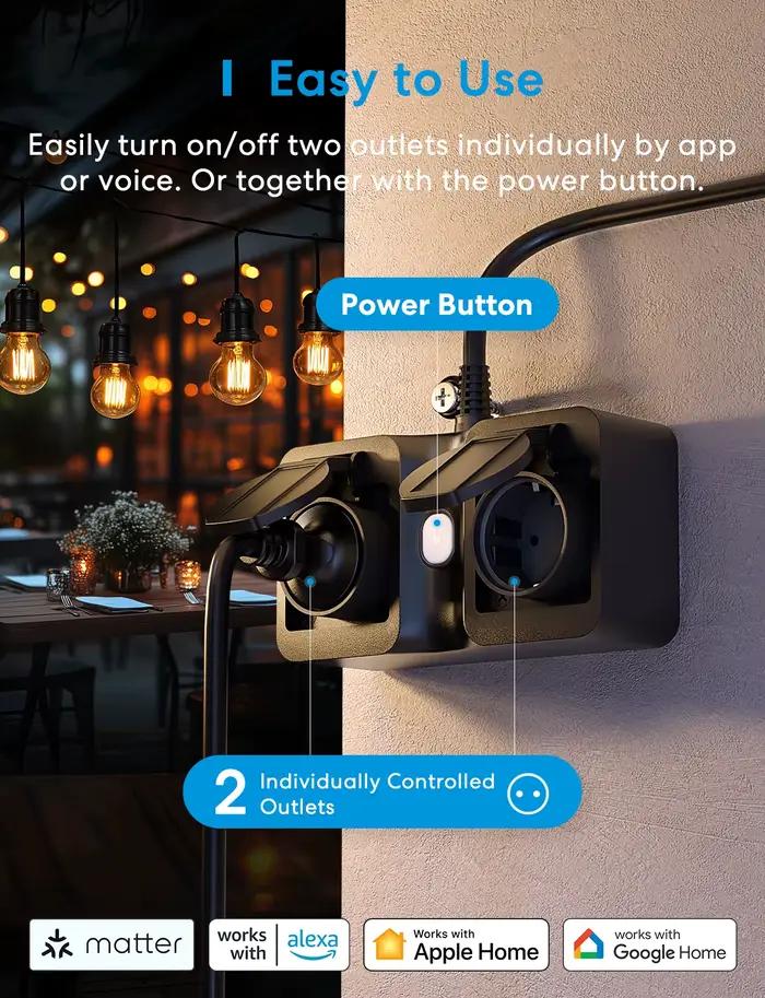 Prise extérieure intelligente Meross étanche IP44 pour contrôle d'éclairage via application et assistant vocal occasions spéciales jardin patio