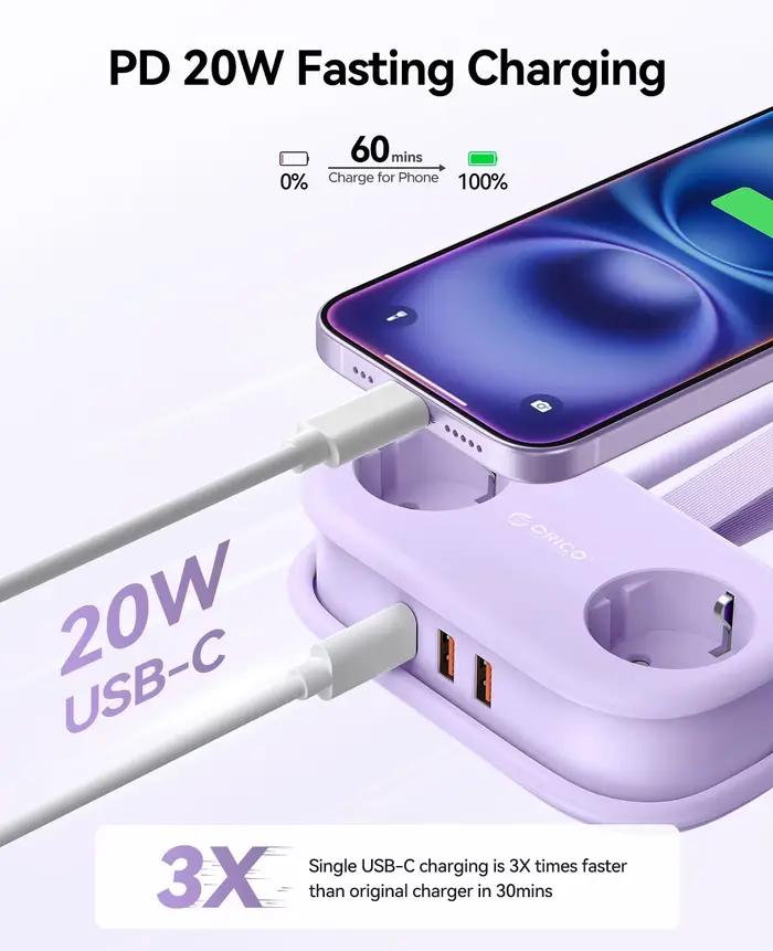 ORICO AP3 prise ue 20W PD multiprise 2 prises AC 2USB 1 type-c 1.53M rallonge électrique charge rapide pour la maison/tablette