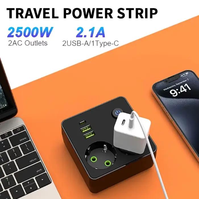 Multiprise murale EU avec 2 ports USB et 1 port Type-C, 2500W