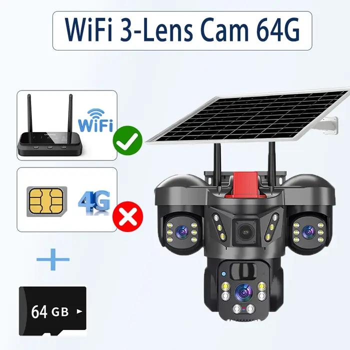Caméra solaire 4G avec 3 objectifs vision nocturne couleur 3 écrans détection de mouvement PIR surveillance extérieure sans fil sécurité IP66 occasions spéciales sécurité maison piscine entrée garage