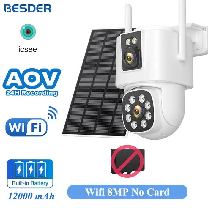 BESDER 4G caméra solaire carte SIM 8MP double objectif AOV 24/7 enregistrement vidéo avec batterie détection humaine