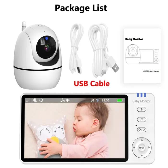 Moniteur vidéo de surveillance pour bébé avec écran de 5 pouces, caméra PTZ, interphone bidirectionnel, alarme de pleurs, berceuse et surveillance de la température pour parents et familles