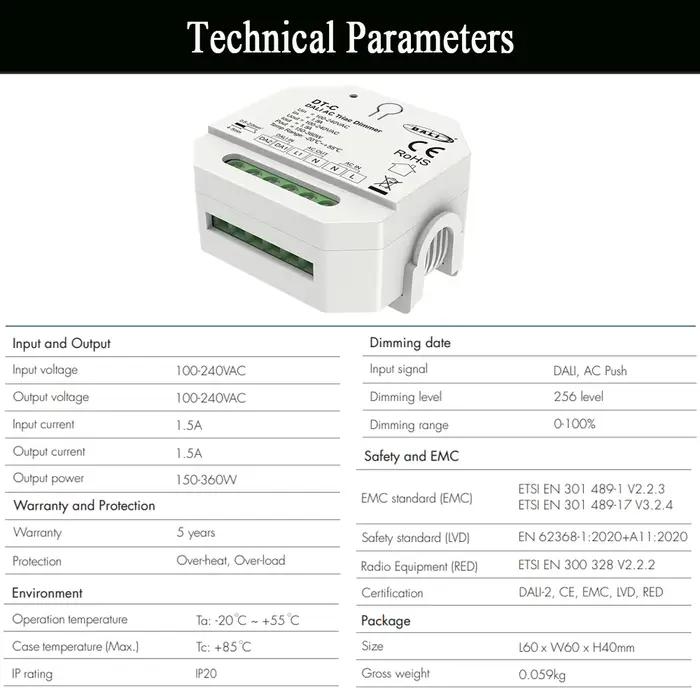 DALI AC Triac variateur DT-C avec interrupteur poussoir gradation traînant DT4 bord