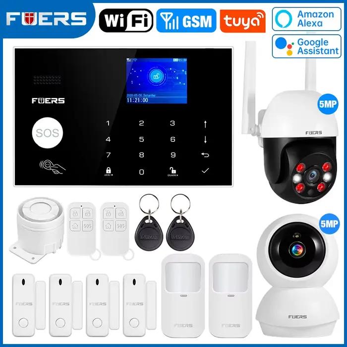 Système d'alarme FUERS avec sirène, détecteur de mouvement et capteur de fumée pour maison et bureau, compatible avec Amazon Alexa et Google Assistant pour sécurité familiale et professionnelle