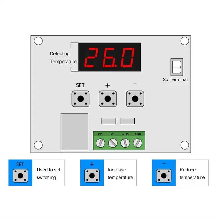 Thermostat de contrôle de température W1209 à lumière bleue/rouge DC 12V