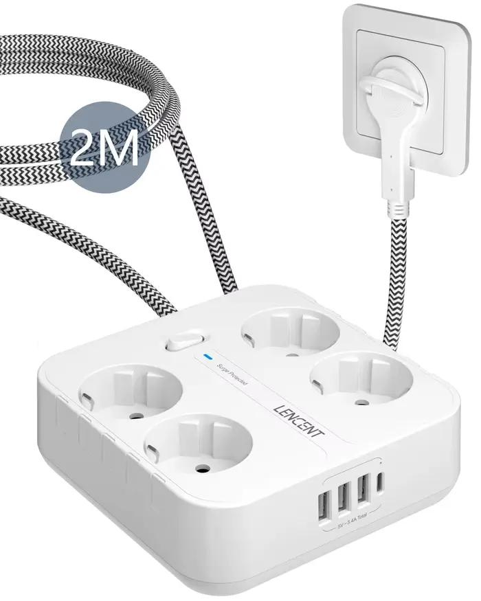 LENCENT-Multiprise EU Plug avec interrupteur pour la maison et le bureau, multiprise avec 4 prises A
