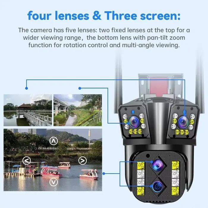 Caméra IP WiFi Extérieure 16MP 8K HD 10X Zoom Optique Suivi Automatique PTZ Quatre Objectifs Trois Ecrans Caméra Sécurité Étanche Pour Usage Intérieur et Extérieur Occasions Spéciales