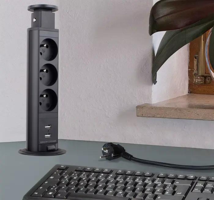 Prise escamotable de cuisine standard française avec ports USB pour installation encastrée encastrable et r\u00e9tractable pour usage domestique et professionnel