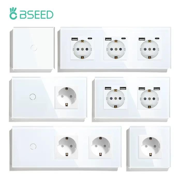 Prise murale BSEED avec panneau en verre et chargeur USB Type-C pour usage résidentiel et général protection enfant moderne design élégant interruption tactile installation murale