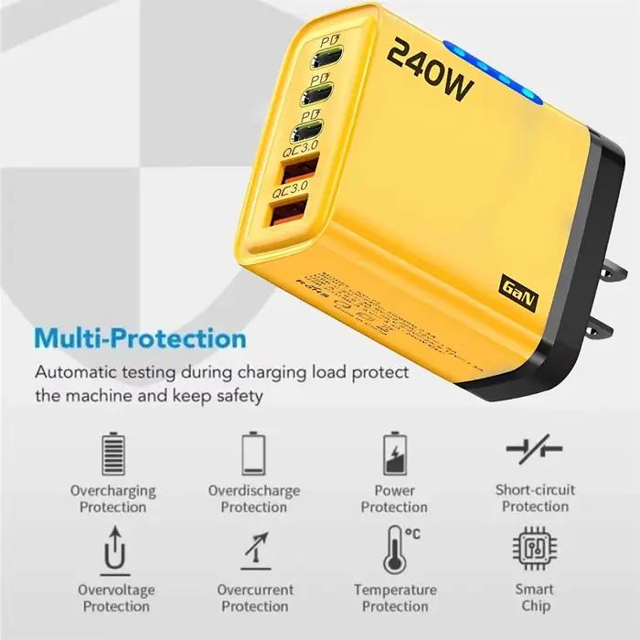 Chargeur USB C GaN 240W rapide et sécurisé pour iPhone Samsung Xiaomi compatibles UE/US Occasions quotidiennes et voyages