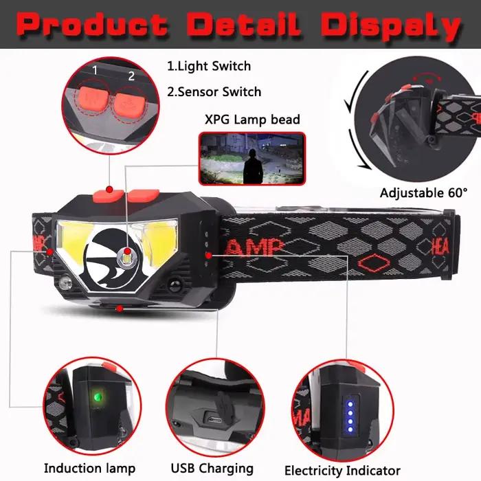 6 Modes capteur de mouvement XPE + COB LED lampe frontale lampe de poche USB Rechargeable étanche Ca